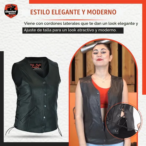 Vista 3 de Daniel Smart Motorcycle Vest for Women Open Neck Leather Vest with Unique Design and Inside Carry Pockets