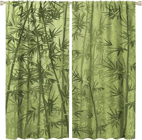 Vista 36 de Cortinas con estampado de bambú, tallos y hojas de bambú, temática oriental natural, oscurecimiento de habitación, ventana, ventana, cortina