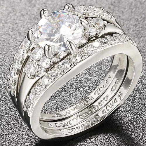 Vista 3 de Jude Jewelers Juego de anillos de novia con halo de boda chapado en platino tres en uno, Metal, Zirconia cúbica