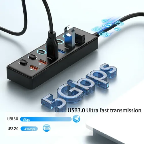 Vista 5 de Hub USB 3.0 alimentado, divisor de concentrador de 6 puertos con adaptador de corriente, 4 puertos de datos + 2 puertos de carga rápida QC 3.0