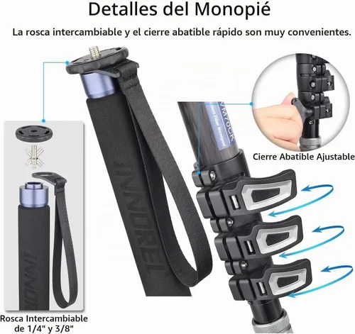 Vista 6 de VM70CK Kit de monopie de fibra de carbono - VM70CK Profesional Cabeza de fluido hidráulico Monopod extraíble Soporte de trípode de viaje