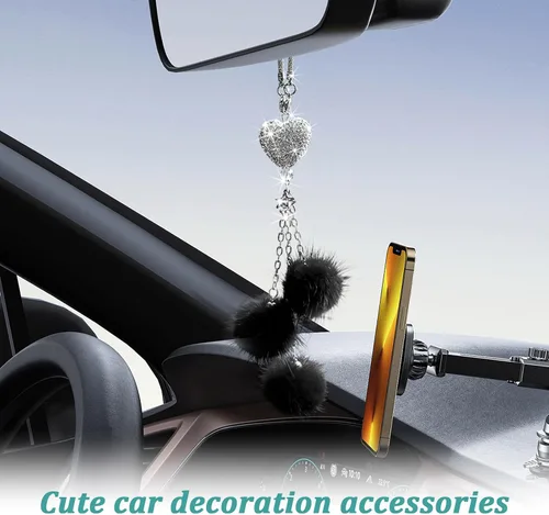 Vista 5 de Ziciner Accesorios de Interior de Coche con Diamantes Brillantes en Forma de Corazón - Adorno Colgante de Corazón y Bola de Felpa Rosa, Encanto