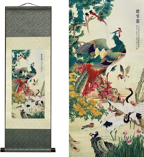 Vista 14 de AtfArt Decoración asiática de pared, hermosa pintura de pergamino de seda del paisaje del río de la cascada - Montaña, primavera, otoño