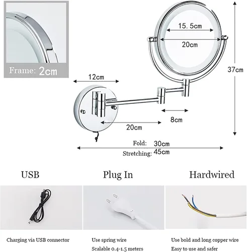 Vista 6 de Espejo de maquillaje con luz LED y aumento, espejo de afeitado de doble cara para baño, espejo extensible de tocador con enchufe, latón, 3X