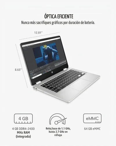 Vista 3 de HP - Laptop Chromebook x360 14a 2 en 1, Intel Pentium Silver N5000, 4 GB RAM, 64 GB eMMC, pantalla HD de 14", Chrome OS, cámara web, micrófonos
