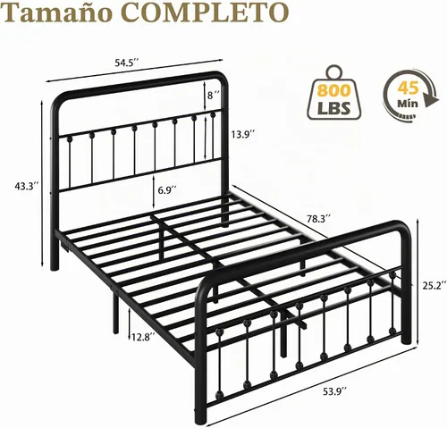 Vista 2 de Fluest Marco de Cama Full de 14 Pulgadas Marco de Cama de Plataforma de Metal Clásico con Estación de Carga y LED, Cabecero/Pie de Cama