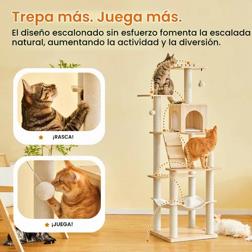 Vista 3 de Árbol para gatos moderno de 64 pulgadas, torre para gatos de interior con varios niveles, con 7 postes rascadores completamente envueltos, 2 Marrón