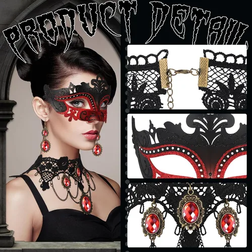 Vista 3 de Libima Juego de 5 piezas de accesorios góticos de vampiro de Halloween, máscara de mascarada, collar y pulsera de encaje gótico