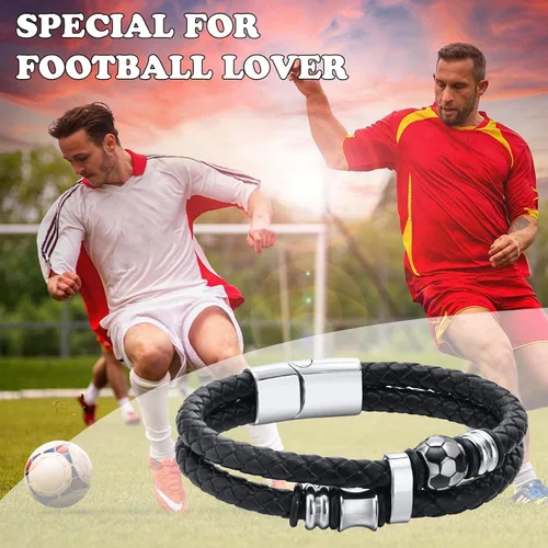 Vista 4 de TempBeau Pulsera de cuero genuino de fútbol para hombre, pulsera de cuero trenzado para niño, pulsera de cuero negro, regalos para papá, Acero