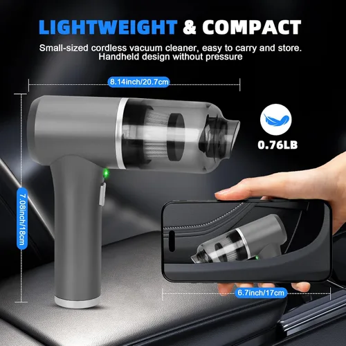 Vista 7 de Sweetone Aspiradora portátil inalámbrica para automóvil, aspiradora de 9000 Pa y plumero de aire, aspiradora de mano con luz LED y múltiples