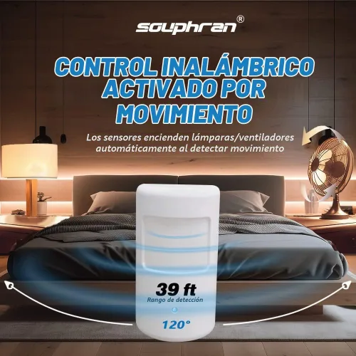Vista 2 de Control de luz activado por movimiento enchufable mejorado, juego de detector de movimiento inalámbrico y enchufe Souphran, sin cableado, rango