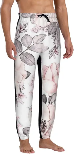 Vista 3 de AUISS Pantalones deportivos con hojas de flores rosas para hombre, pantalones deportivos divertidos, pantalones deportivos casuales de entrenamiento