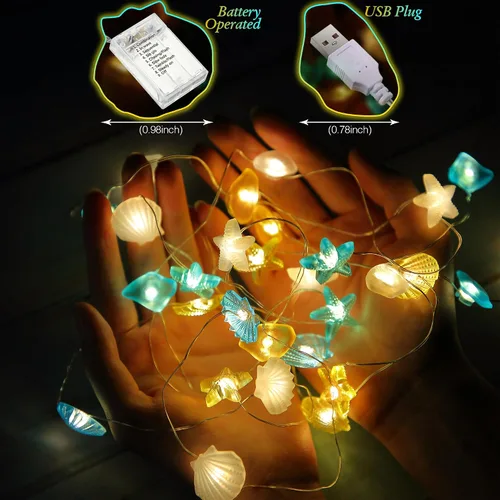 Vista 2 de Guirnalda de luces con temática oceánica, 30 luces LED de hadas de conchas de mar de 10 pies, 1 unidad 8 modos de iluminación, USB y batería