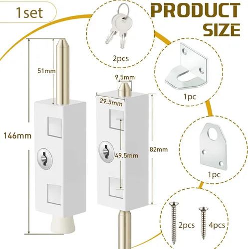 Vista 2 de Cerradura de puerta corrediza para puerta de patio rectangular con llave para barra de seguridad con bisagras de vidrio, perno de acero, aleación