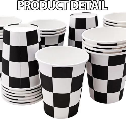 Vista 4 de 30 tazas de papel a cuadros para fiestas de coches de carreras en blanco y negro, para fiestas de cumpleaños temáticas de carreras