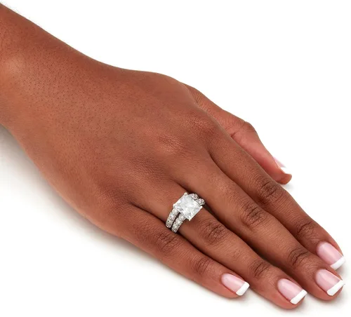 Vista 4 de PalmBeach Jewelry Yellow Gold-Plated or Platinum Plated Emerald Cut Cubic Zirconia Pave Bridal Ring Set