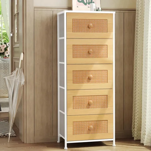 Vista 10 de Crestlive Products Cómoda de ratán, torre de almacenamiento alta de tela, cómoda con asas, unidad organizadora para dormitorio, pasillo, entrada