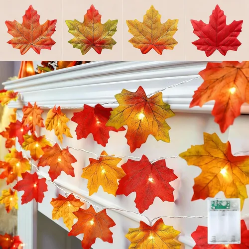 Vista 3 de YEGUO Paquete de 2 decoraciones de Acción de Gracias para el hogar, luces de otoño que funcionan con pilas, total de 20 pies de 40 luces LED
