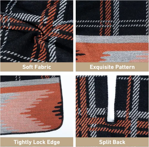 Vista 4 de Chal para mujer, bufanda de pashmina, capa cálida para invierno, poncho abierto al frente para primavera y otoño Cuadros - Negro-naranja