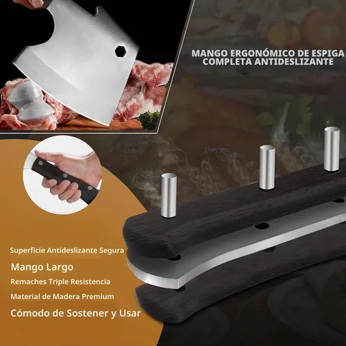 Vista 8 de Kitory Cuchilla de carne, cuchillo de corte de huesos resistente, hoja súper gruesa en forma de hachas de espiga completa, rompe huesos, cuchillo