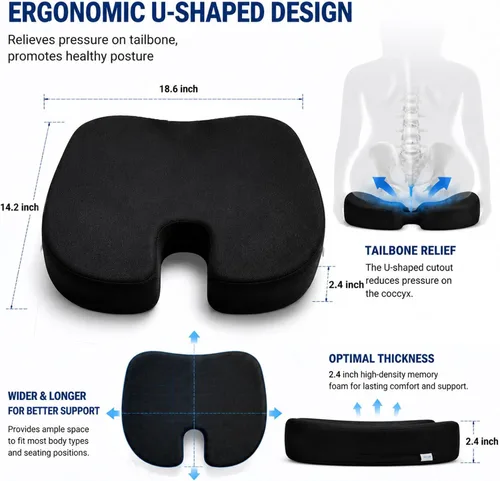 Vista 2 de Cojín de asiento para sentarse de forma prolongada, cojín de espuma viscoelástica de gel refrescante, espalda, ciática, coxis, alivio del dolor