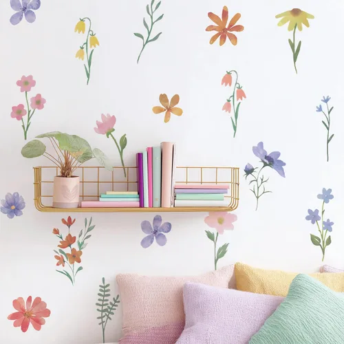 Vista 11 de funlife 72 PIEZAS Adhesivos de pared de flores de acuarela, para pegar y quitar, decoración de pared para dormitorio de niñas, flores boho