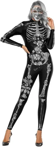 Vista 14 de Sister Amy Disfraz de esqueleto de Halloween para mujer, overol de cosplay