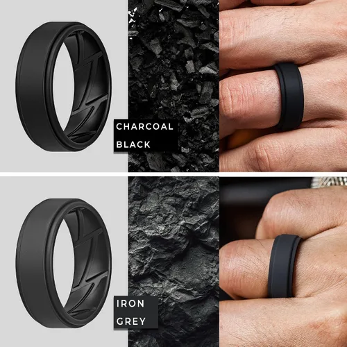 Vista 3 de ThunderFit - Anillos de boda y compromiso de silicón transpirable para hombre con ranuras internas de ventilación, diseño elegante de borde