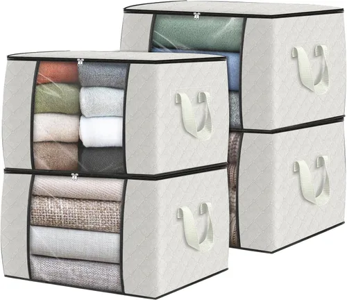 Vista 59 de Fab totes Paquete de 3 bolsas de almacenamiento plegables de tela gruesa, contenedores para organizar dormitorio, armario, ropa, edredón, Beige