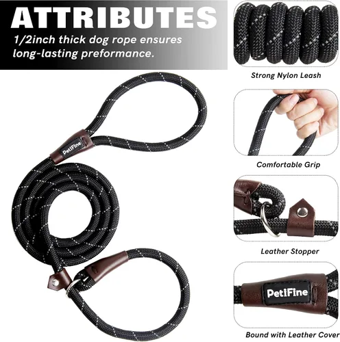 Vista 2 de PetiFine Correa antideslizante reflectante para perro, correa antideslizante resistente de 6 pies x 1/2 pulgadas Negro
