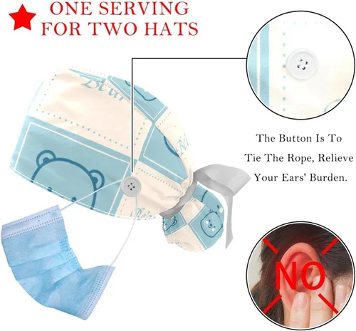 Vista 3 de 2 gorros de trabajo con diseño de oso bouffant, turbante para atar en la espalda, con botón y banda para el sudor