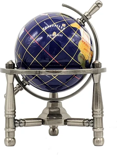 Vista 2 de Unique Art - Globo de mundo con piedra preciosa azul de 6 pulgadas con trípode plateado