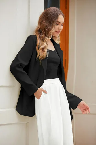 Vista 3 de Zeagoo Blazers casuales de gran tamaño para mujer, chaquetas de oficina con frente abierto, chaquetas de oficina con solapa y botones, traje largo