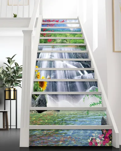 Vista 17 de FLFK Calcomanías para escaleras, calcomanías para escaleras, calcomanías para despegar y pegar, caminos de flores y césped, calcomanías