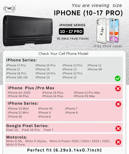 Vista 2 de Wireless City Funda de cuero para iPhone 17 Pro, 17, 16 Pro, 16e, 15, 15 Pro, 14, 13, 12, 11, X, XR, XS - Funda con clip para cinturón para hombres