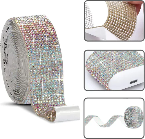 Vista 2 de 3 rollos de 9 yardas de cinta autoadhesiva de diamantes de imitación AB coloridos diamantes de imitación con diamantes de imitación de 0.079
