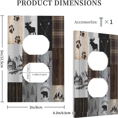 Vista 5 de Cubiertas de pared de lodge rústico retro con diseño de osos, ciervos y animales salvajes. Placas de pared dúplex simples para interruptor de luz.