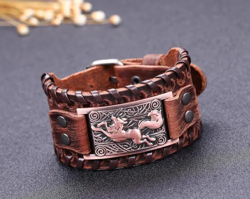 Vista 5 de Lemegeton Viking Runing Wolf Fox Celta Knotwork - Pulsera de cuero ancha para hombre, joyería punk vintage, Metal