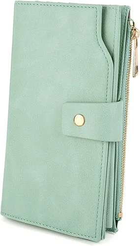 Vista 25 de UTO Cartera de cuero vegano para mujer, cartera larga con broche de presión, tarjetero de crédito, elegante embrague 0153 Gris