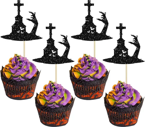 Vista 15 de Gyufise 1 pieza de decoración de pastel de cumpleaños con purpurina montada de terror clásico de Halloween para temática de terror sangriento