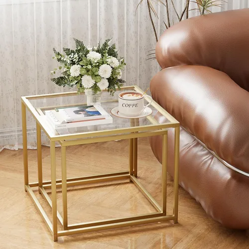 Vista 7 de Mesa de centro de cristal moderna para sala de estar, juego de 2 mesas anidables minimalistas para sala de estar, tapa de vidrio templado con marco