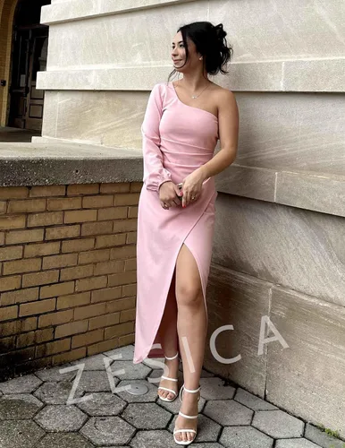 Vista 6 de ZESICA Vestido de cóctel de manga larga con un hombro descubierto para mujer, sexy, con abertura alta, fruncido, entallado, para fiesta de boda