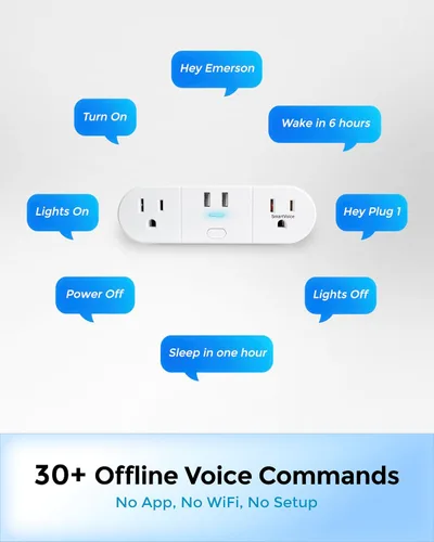 Vista 4 de Emerson SmartVoice - Enchufe de pared 4 en 1, tomacorriente inteligente controlado por voz con 2 salidas de CA y 2 puertos USB-A, sin WiFi, sin