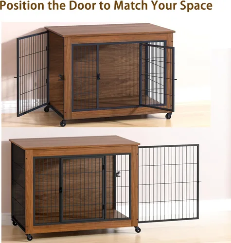 Vista 6 de Mueble de jaula para perros de 38.6 pulgadas con ruedas, mesa de madera resistente para perrera, jaula para mascotas de interior con 2 puertas, caja