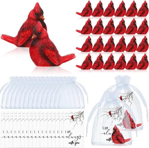 Vista 8 de Roowest El juego de 18 piezas de regalo conmemorativo cardenal incluye mini figuras de estatua de pájaro cardenal rojo, tarjetas de plumas rojas