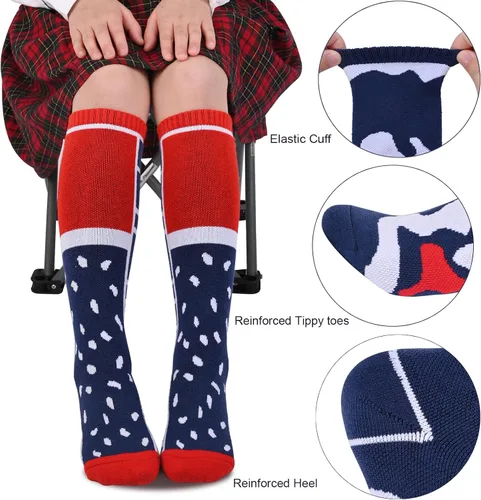 Vista 4 de Uyomal Calcetines de esquí de lana merino para niños 2 pares calcetines térmicos de invierno cálidos para snowboard para niños y niñas rojo azul