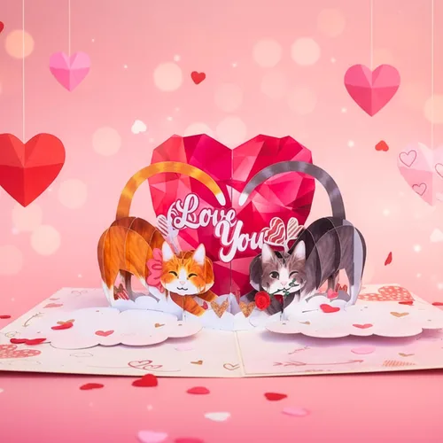 Vista 3 de Tarjeta romántica de San Valentín con diseño de gato, 3D, para pareja, gato, para esposa, marido, él, novia, novio, adultos 6 x 8 pulgadas