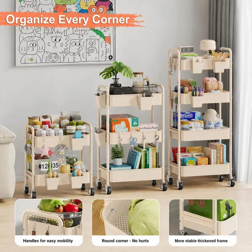 Vista 5 de Carrito pequeño de 2 niveles beige con ruedas, carrito de pañales para artículos esenciales para el cuarto de bebé, carrito de metal para debajo