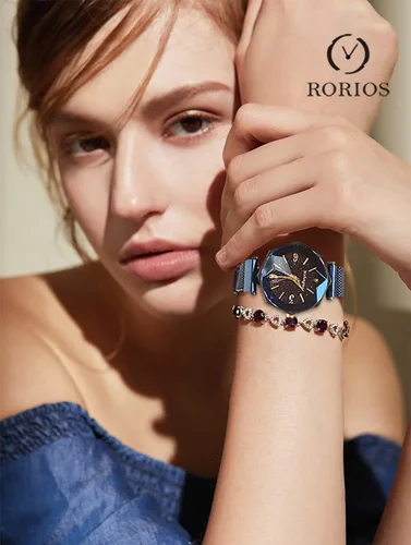 Vista 2 de RORIOS Relojes de pulsera para mujer con esfera de cielo estrellado brillante, hebilla de correa de malla de fácil uso, diamantes de imitación