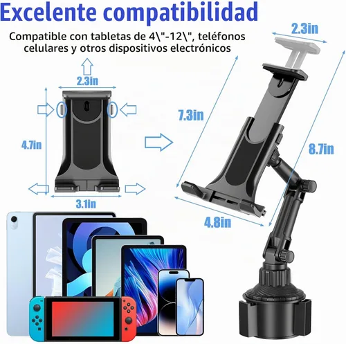 Vista 4 de Soporte para iPad para coche, soporte para teléfono, rotación universal de 360°, brazo largo ajustable, para teléfono celular de 4 a 13 pulgadas